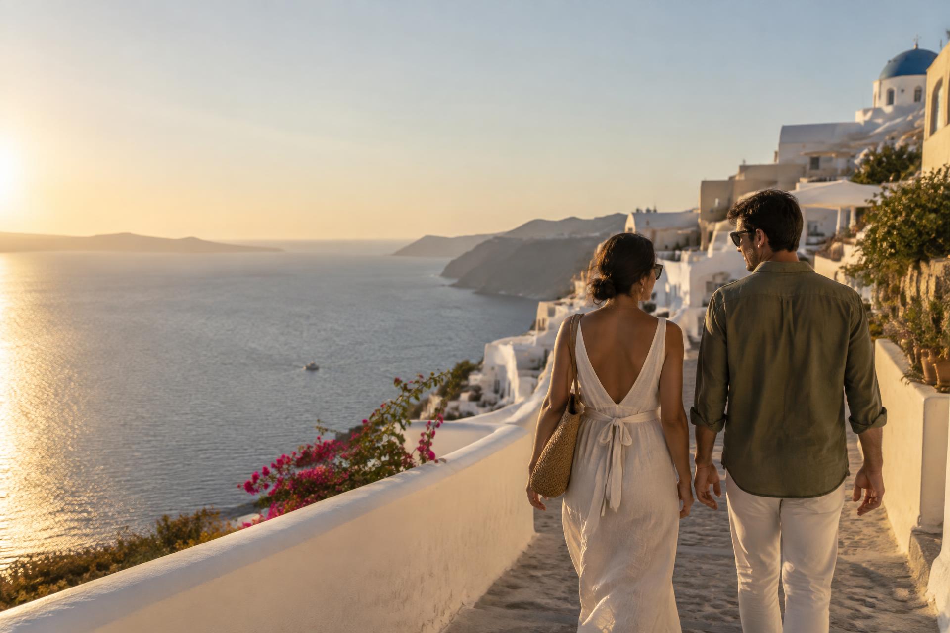 Casal viajando por uma vila litorânea ao entardecer